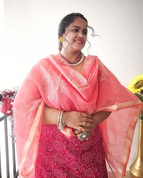 Lovable Kota Doria Embroidered Suit Material Red With Pink Dupatta