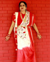 Pure Linen Handloom Saree White & Red Color Hand Embroidered with Running Blouse-Indiehaat