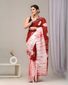 Indiehaat | Linen Saree White And Red Color Kalamakari Handblock Printed With Running Blouse