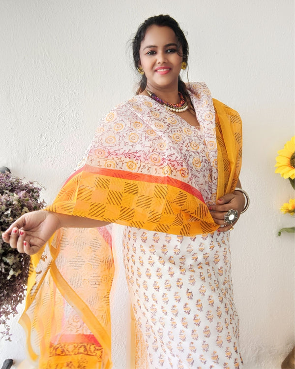 Bold Kota Doria Yellow Blockprinted Suit (Top+Dupatta+Bottom)