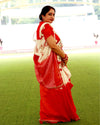 Pure Linen Handloom Saree White & Red Color Hand Embroidered with Running Blouse-Indiehaat