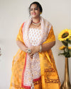 Bold Kota Doria Yellow Blockprinted Suit (Top+Dupatta+Bottom)
