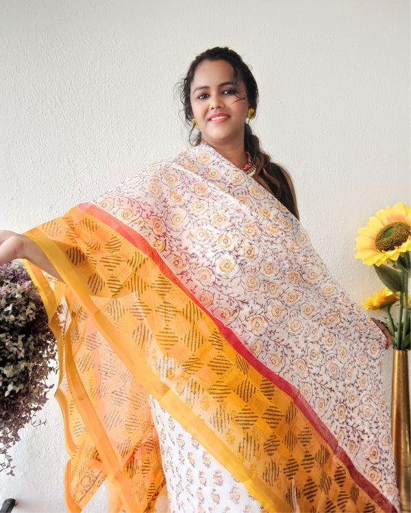 Bold Kota Doria Yellow Blockprinted Suit (Top+Dupatta+Bottom)