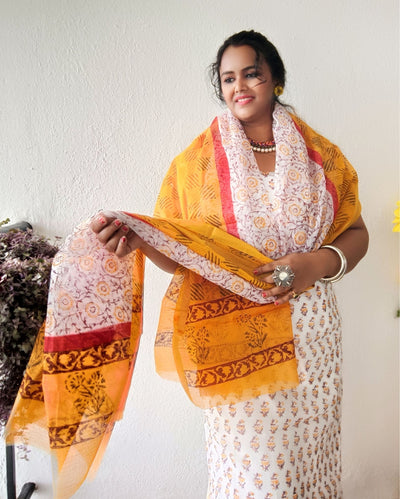 Bold Kota Doria Yellow Blockprinted Suit (Top+Dupatta+Bottom)
