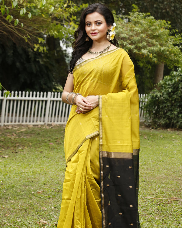 Vibrant Pure Maheshwari Silk Handloom Saree Mustard & Black