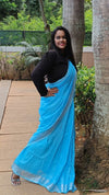 Handwoven Pure Linen Blue Plain Saree with Blouse-Indiehaat