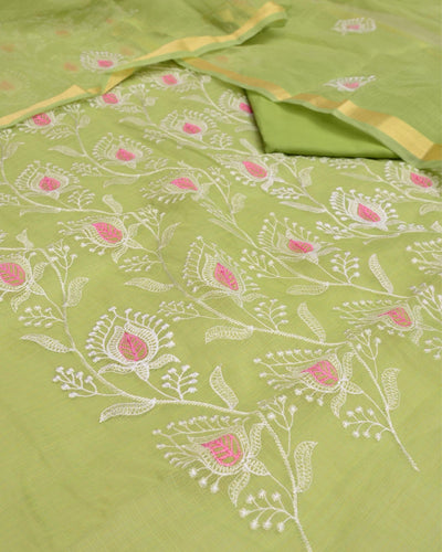 Indiehaat|Kota Doria Embroidered Green Suits(Top+Bottom+Dupatta)