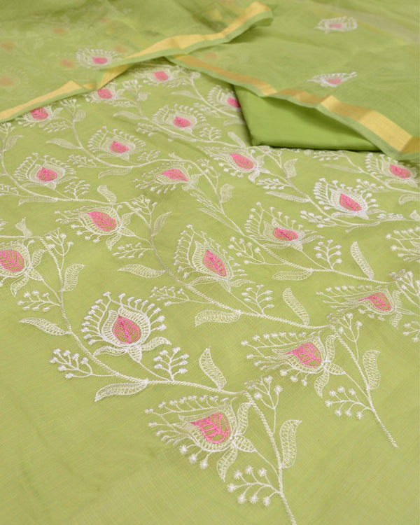 Indiehaat|Kota Doria Embroidered Green Suits(Top+Bottom+Dupatta)