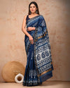 Indiehaat | Maheshwari Silk Saree Indigo Color Bagru Handblock Printed with Running Blouse (Silk by Silk)