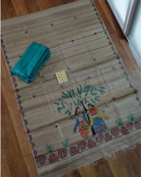 Silkmark Tussar Beige Madhubani Alluring Dupatta & Blue Top