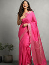 Silk Linen Banarasi Brocade Handloom Rose Pink Saree with Blouse-Indiehaat