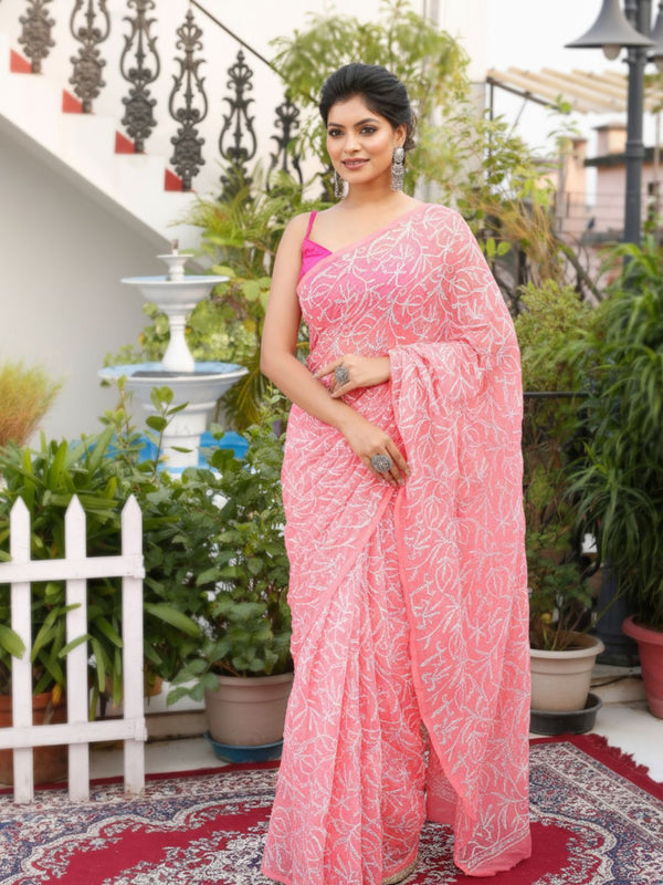 Tepchi Handwork Georgette Saree Candy Pink