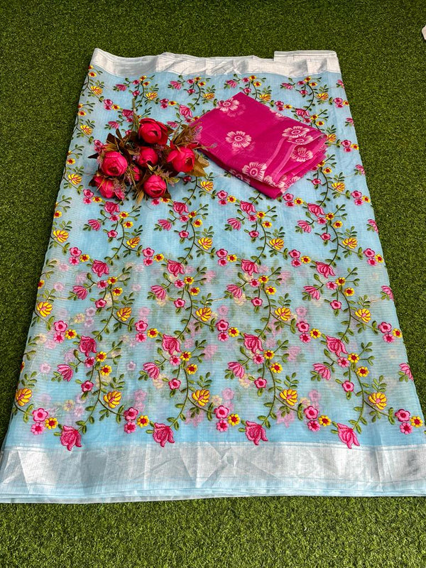 Kota Doria Full Floral Jaal Embroidery Saree