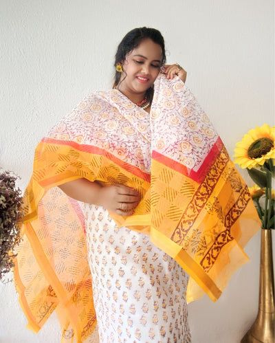 Bold Kota Doria Yellow Blockprinted Suit (Top+Dupatta+Bottom)