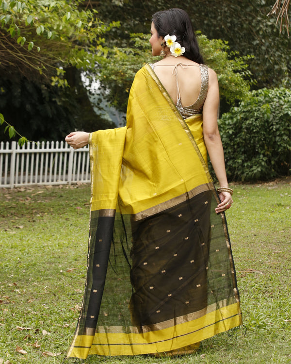 Vibrant Pure Maheshwari Silk Handloom Saree Mustard & Black