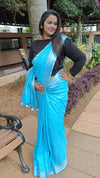 Handwoven Pure Linen Blue Plain Saree with Blouse-Indiehaat