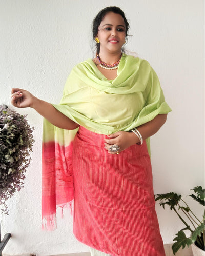 Katan Silk Suit Piece Red and Green Color with Bottom and Dupatta-Indiehaat