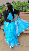 Handwoven Pure Linen Blue Plain Saree with Blouse-Indiehaat