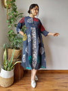 Indiehaat | Cotton Long One Piece Dress Blue Color Bagru Hand Printed Size 36 to 46