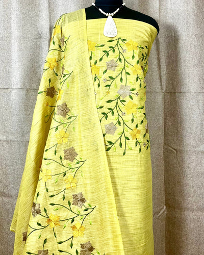 Indiehaat | Khadi Cotton Embroidered Yellow Suit | Unique Suit