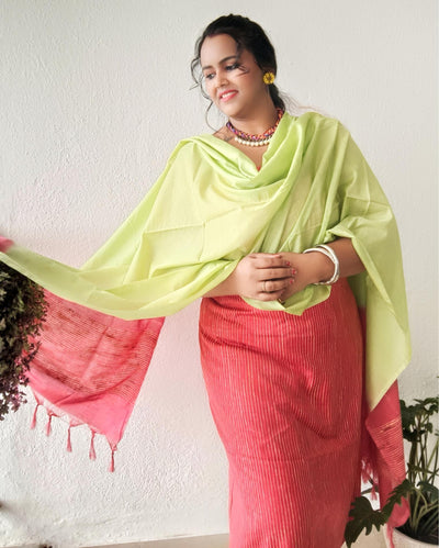 Katan Silk Suit Piece Red and Green Color with Bottom and Dupatta-Indiehaat