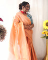 Pure Tissue Linen Hand Dyed Saree Peach Orange Color with running blouse-Indiehaat