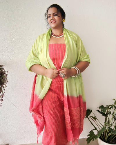 Katan Silk Suit Piece Red and Green Color with Bottom and Dupatta-Indiehaat