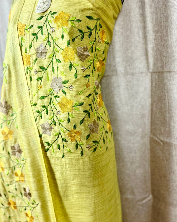 Indiehaat | Khadi Cotton Embroidered Yellow Suit | Unique Suit