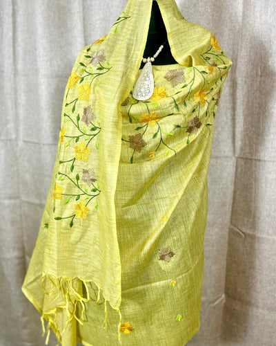Indiehaat | Khadi Cotton Embroidered Yellow Suit | Unique Suit