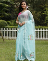 Chic Kota Doria Cotton Bird Embroidery Blue Saree Handdyed