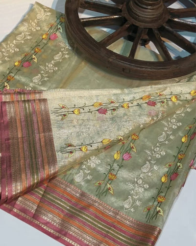Indiehaat | Banarasi Tissue Silk Beige Embroidered Saree
