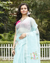 Chic Kota Doria Cotton Bird Embroidery Blue Saree Handdyed