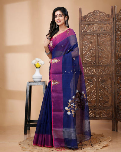 Indiehaat | Cotton Silk Blue Saree Handloom Mina Work