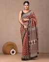 Indiehaat | Maheshwari Silk Saree Dark Red Color Bagru Handblock Printed with Running Blouse (Silk by Silk)