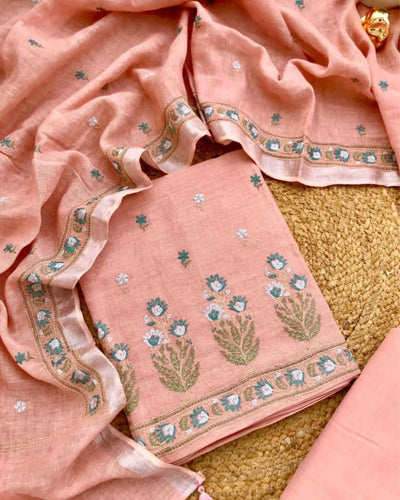 Indiehaat | Pure Linen Embroidery Suit Peach