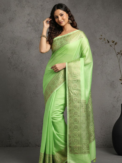 Silk Linen Banarasi Brocade Handloom Olivine Green Saree with Blouse-Indiehaat