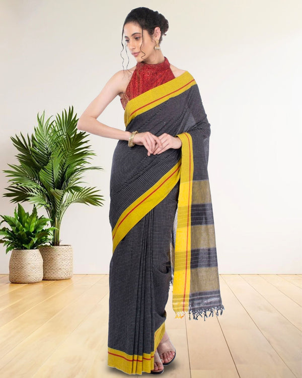 Handloom Mark Patteda Anchu Vibrant Black Cotton Saree