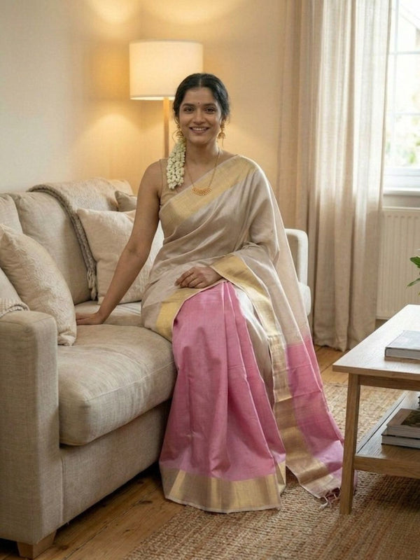 Handloom Kota Silk Beige & Rose Pink Saree