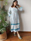 Indiehaat | Cotton Long One Piece Dress White Color Bagru Hand Printed Size 36 to 46