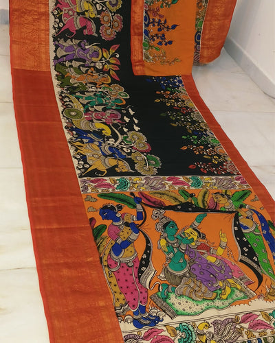 Indiehaat | Mangalagiri Pattu Kalamkari Black Saree | Unique