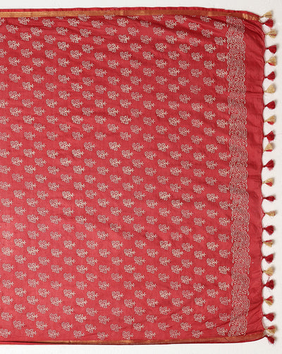 Indiehaat | Blockprint Katan Silk Saree Red