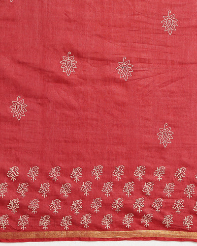 Indiehaat | Blockprint Katan Silk Saree Red