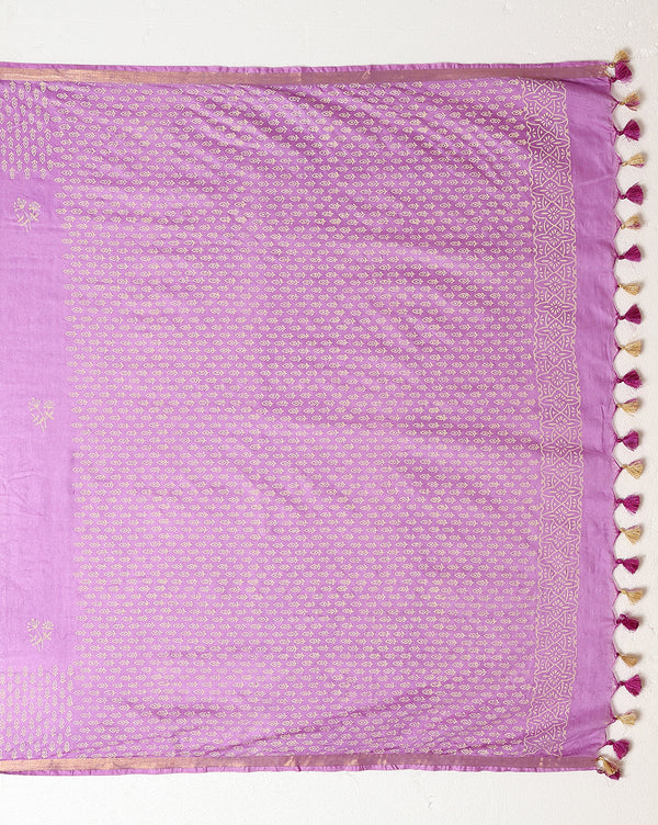 Indiehaat | Blockprint Katan Silk Saree Purple