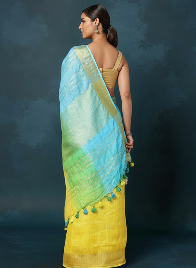 Indiehaat | Pure Linen Hand Ombre Dyed Saree Blue Yellow
