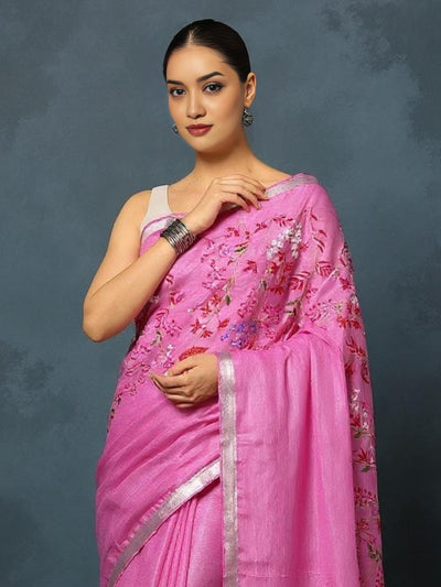 Indiehaat | Pure Linen Hand Embroidered Saree Pink