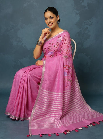 Indiehaat | Pure Linen Hand Embroidered Saree Pink