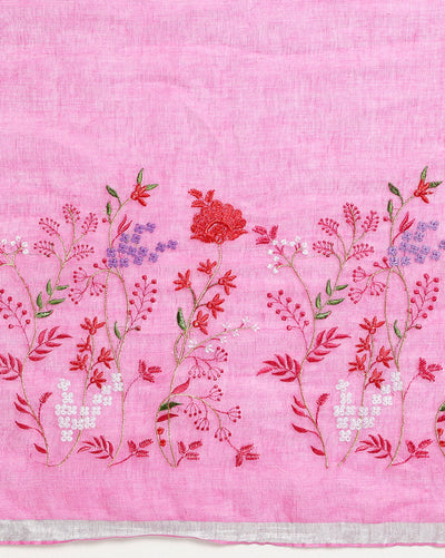 Indiehaat | Pure Linen Hand Embroidered Saree Pink
