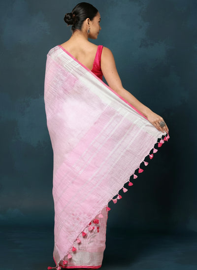 Indiehaat | Pure Linen Embroidered Saree Pink