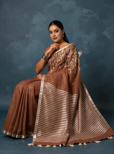 Indiehaat | Pure Linen Hand Embroidered Saree Brown