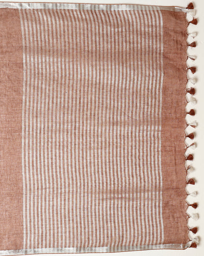 Indiehaat | Pure Linen Hand Embroidered Saree Brown